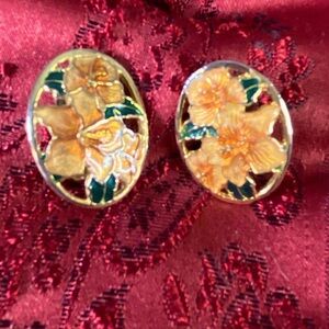 Vintage 10K Gold Plated Cloisonné Open Cut Oval Enamel Clip On Earrings.
